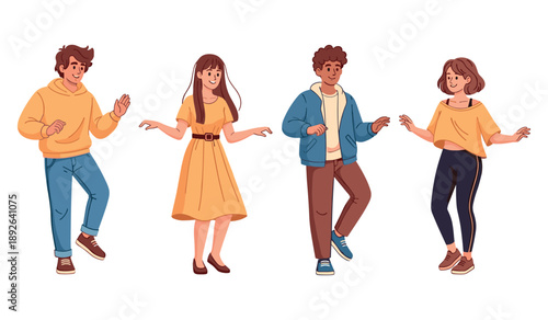 Diverse young adults dancing happily together in casual outfits