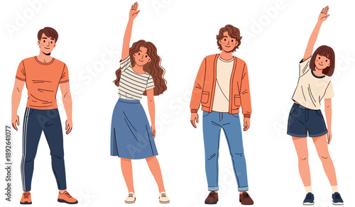 Diverse young adults exercising together in casual outfits