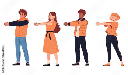 Young diverse individuals stretching with enthusiasm in casual attire