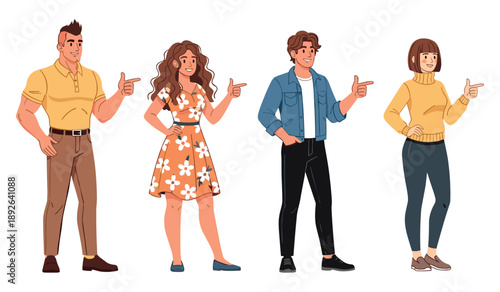 Caucasian and hispanic adults pointing, various fashionable outfits and poses