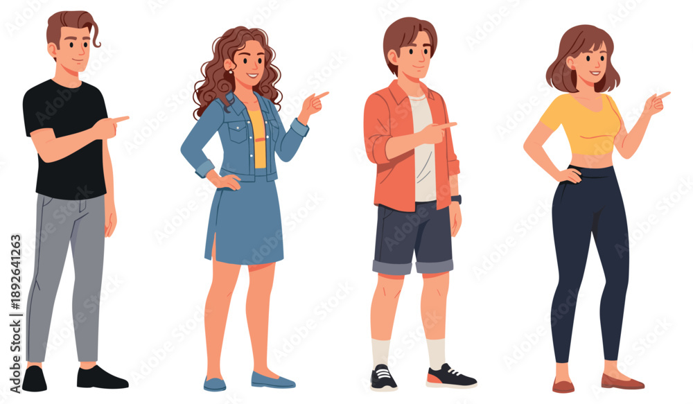 Obraz premium Diverse young adults pointing in different directions on white background