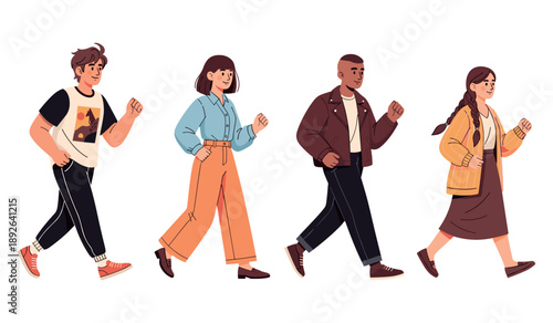 Diverse group of young adults walking together in stylish clothing