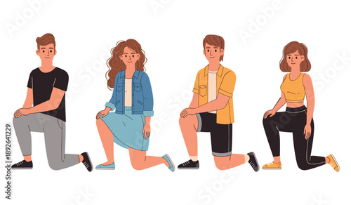 Young caucasian teens kneeling in casual outfits