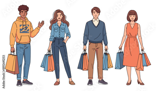 Diverse young adults shopping with bags cartoon illustration