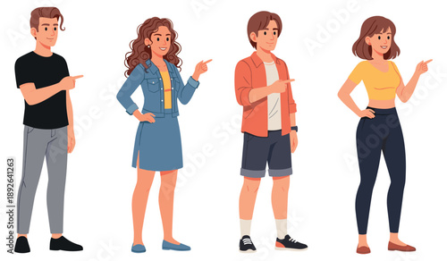 Diverse young adults pointing in different directions on white background