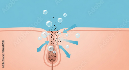 Skin pore with bubbles and arrows illustrating cleansing process on human skin