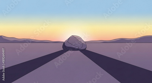 Large gray rock casting long shadows on a desert road at sunset with mountains