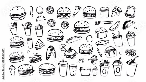 Animated doodle icons of street food and snacks. Hand-drawn elements with alpha channel in 4K.