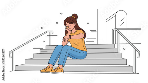 Young asian female sitting on steps checking watch, casual outfit and relaxed mood