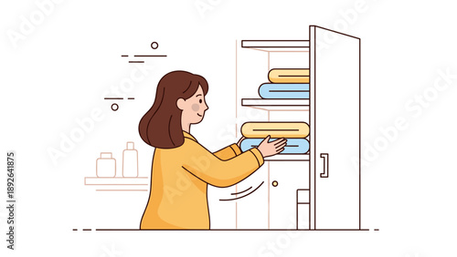 Young caucasian female organizing towels in a bathroom closet