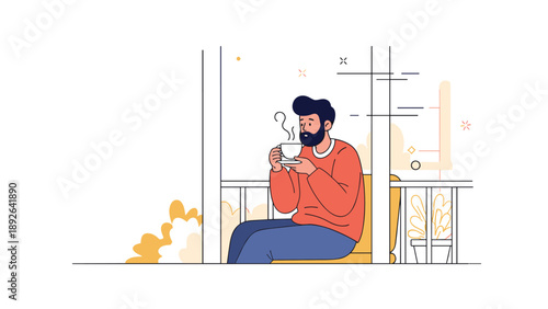 Young caucasian male enjoying coffee on a balcony in casual outfit