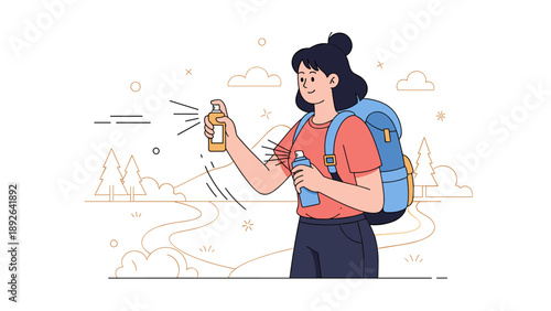 Young asian female hiker sprays insect repellent on scenic trail hike