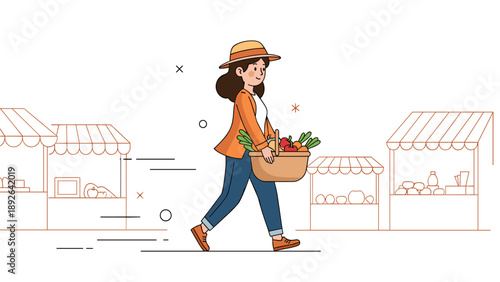 Young hispanic female walking with fresh vegetables at farmer's market