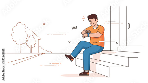 Young caucasian male checking smartwatch while sitting outdoors on steps