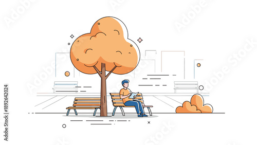Young male reading book on bench in park with autumn tree illustration