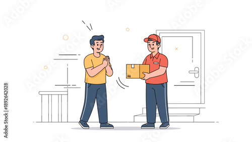 Asian male courier delivering package to smiling young hispanic male at doorway