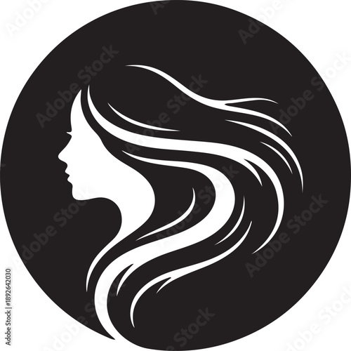 A graceful silhouette of a woman with long flowing hair in a stylish black circle