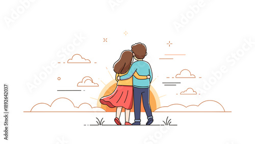 Couple watching sunset: young caucasian male and female embracing