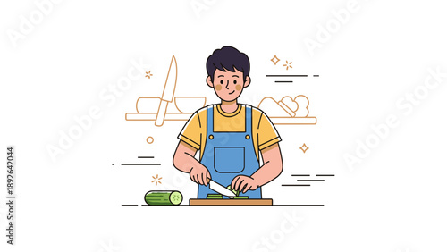 Young asian male preparing food in kitchen with knife and vegetables