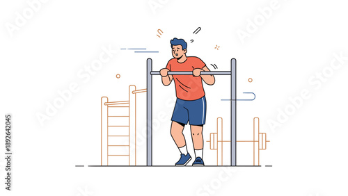 Young caucasian male exercising outdoors with pull-up bar in athletic gear
