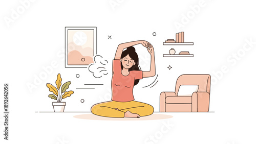 Young caucasian female meditating at home in relaxed sitting position