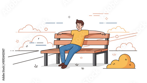 Young caucasian male relaxing on park bench in serene outdoor setting