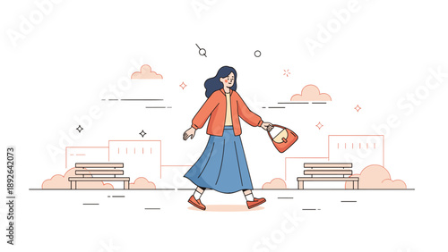 Asian female adult walking in park with red bag on a sunny day