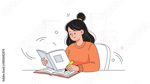 Young asian female student reading and highlighting in a book at desk