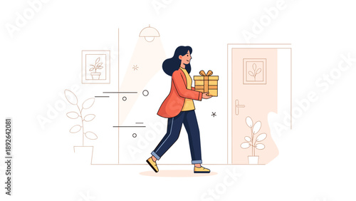 Young adult female walking indoors with gift box in modern minimalist setting