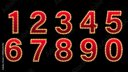 Red marquee numbers zero through nine with glowing light bulbs set art. Glowing Fonts in Show Style - Eye-Catching Numbers