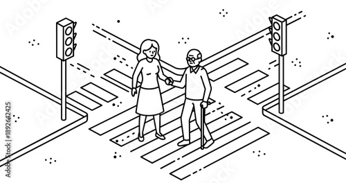 Elderly man with cane and young woman crossing street at crosswalk