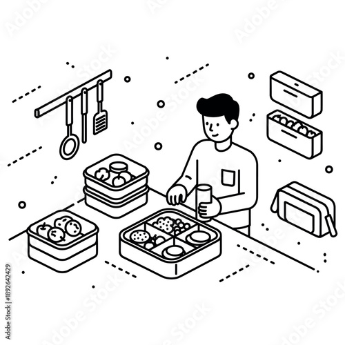 Young male preparing bento lunch boxes in kitchen line art