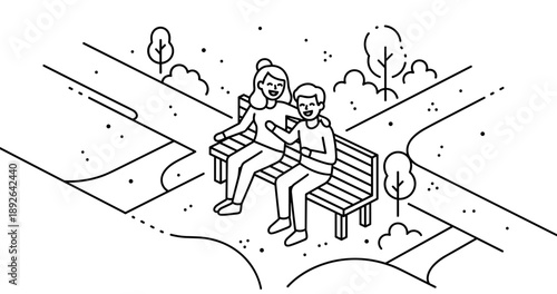 Line art of young caucasian couple sitting on park bench in outdoor setting