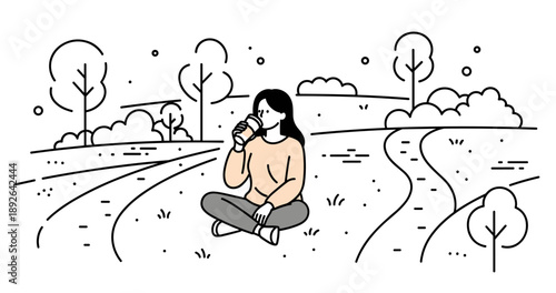 Caucasian female adult enjoying coffee in peaceful outdoor park setting