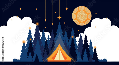 Night Camping in Coniferous Pinaceae Forest with Mandala Moon and Hanging Stars, Vector Outdoor Adventure Illustration.