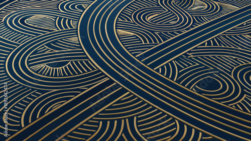 A vibrant abstract vector illustration featuring swirling lines and curves in shades of blue and gold on a dark background