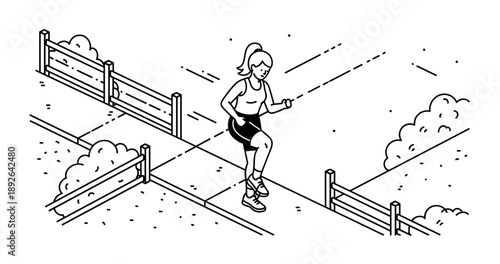 Caucasian female jogging outdoors on park path in line art illustration