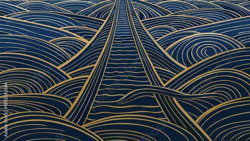 Refined ornamental design with wavy lines and gold accents on dark blue background for luxury branding
