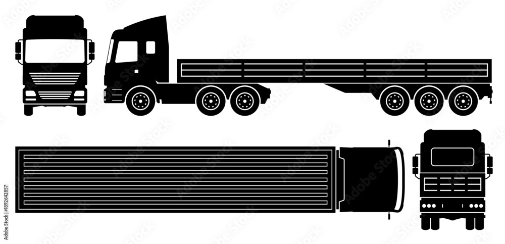 Fototapeta premium Dropside semi-trailer truck silhouette on white background. Vehicle icons set view from side, front, back and top