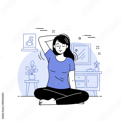Asian young female practicing yoga at home in minimalist interior design