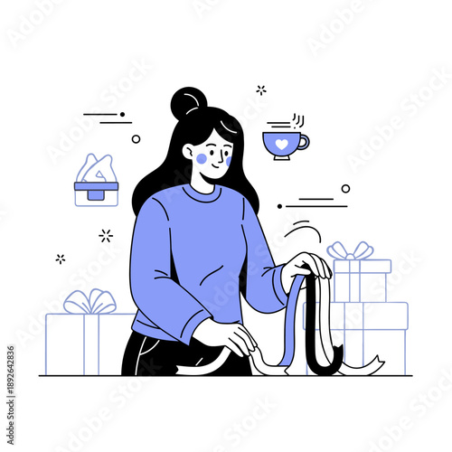 Asian female young adult wrapping gifts with ribbons and coffee