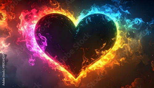 Glowing heart shape engulfed in colorful flames and ethereal smoke, vibrant digital art