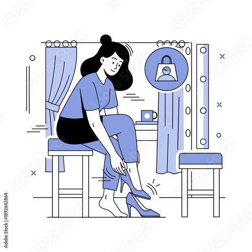 Asian adult female trying on heels in a stylish boutique with handbag display