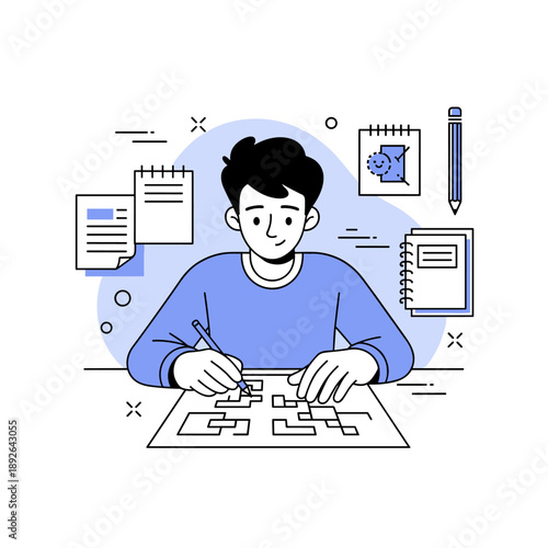 Young caucasian male solving puzzle at desk with notepads and pencil
