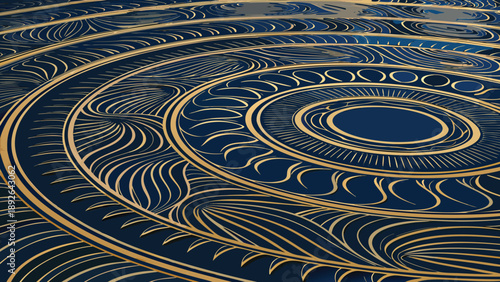 Vibrant art deco concentric circles pattern with gold lines on dark blue background decorative geometric design