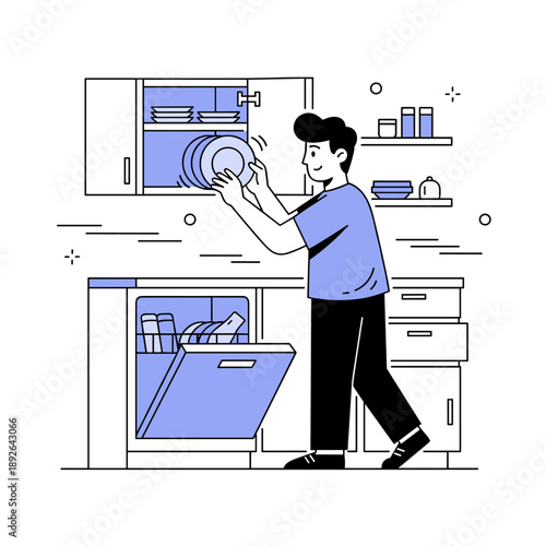 Young male organizing plates in kitchen while loading dishwasher in minimalist setting