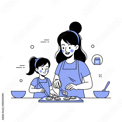 Caucasian mother and daughter baking cookies together in the kitchen