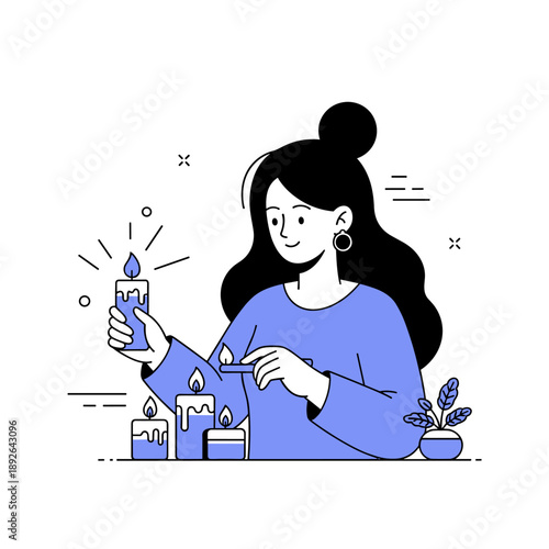 Cartoon woman lighting candles in relaxing minimalist setting