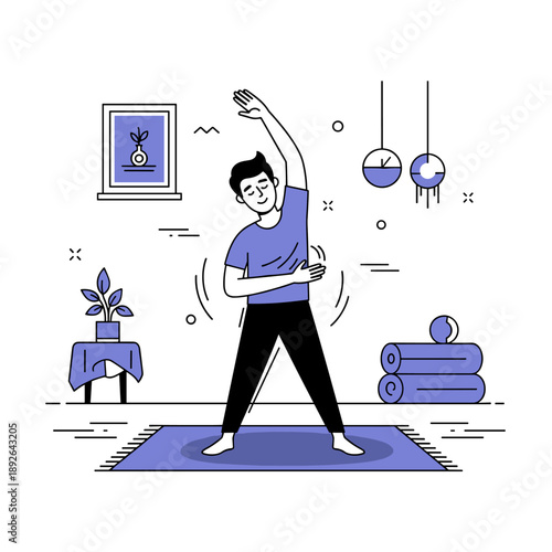 Young adult caucasian male practicing yoga at home in minimalist setting