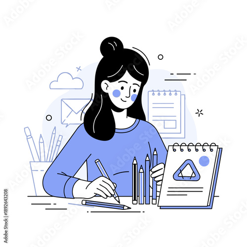 Asian female young artist drawing with pencils at desk in creative studio